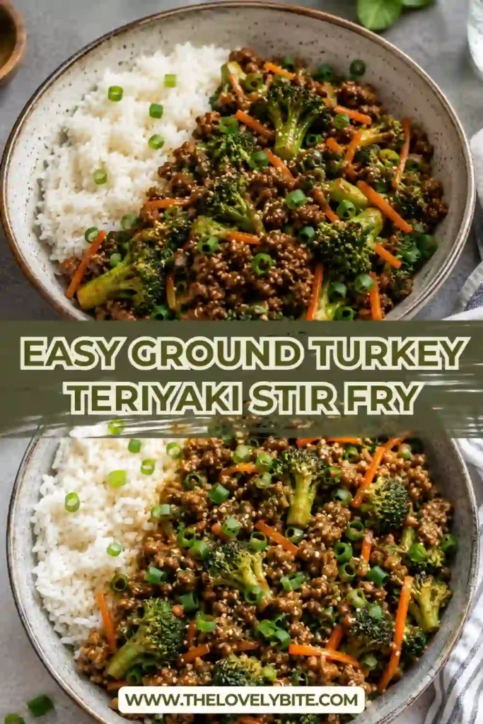 Easy ground turkey teriyaki stir fry served with rice and vegetables in a bowl. Tender turkey, broccoli, carrots, and onion are covered in a sweet-savory homemade teriyaki sauce.