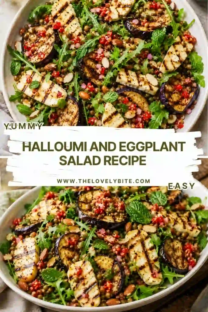 Mediterranean Halloumi and Eggplant Salad topped with grilled halloumi, roasted eggplant, peppery arugula, lentils, fresh mint, and chopped smoked almonds for a wholesome vegetarian meal.