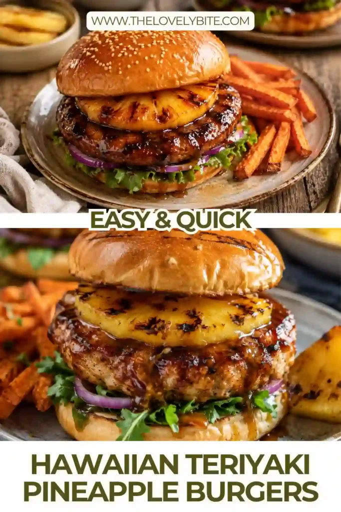 Hawaiian Teriyaki Pineapple Burgers stacked on toasted brioche buns with grilled pineapple, lettuce, and tomato. The juicy burgers are topped with caramelized pineapple and savory teriyaki sauce.