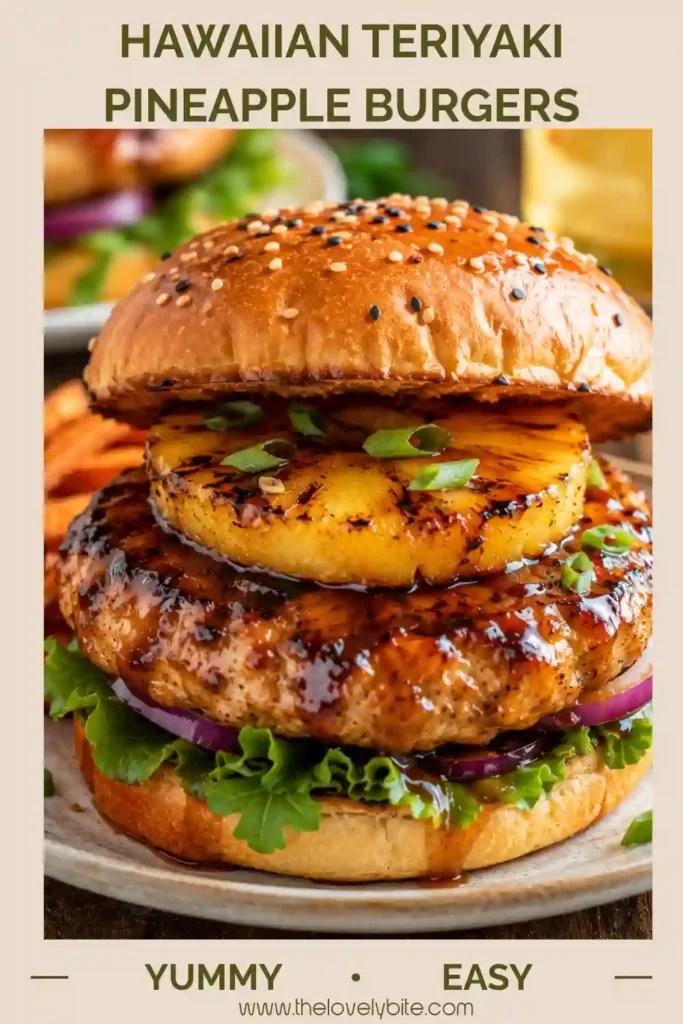 Grilled pineapple burgers with juicy beef patties, teriyaki sauce, fresh lettuce, and tomato on brioche buns. The Hawaiian-inspired burgers feature beautifully charred pineapple rings.