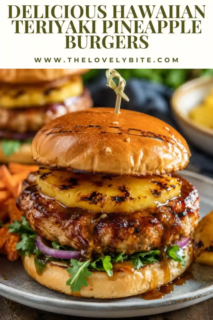 Hawaiian Teriyaki Pineapple Burgers served with grilled pineapple on toasted buns. The burgers feature savory teriyaki flavor, fresh vegetables, and golden caramelized pineapple.