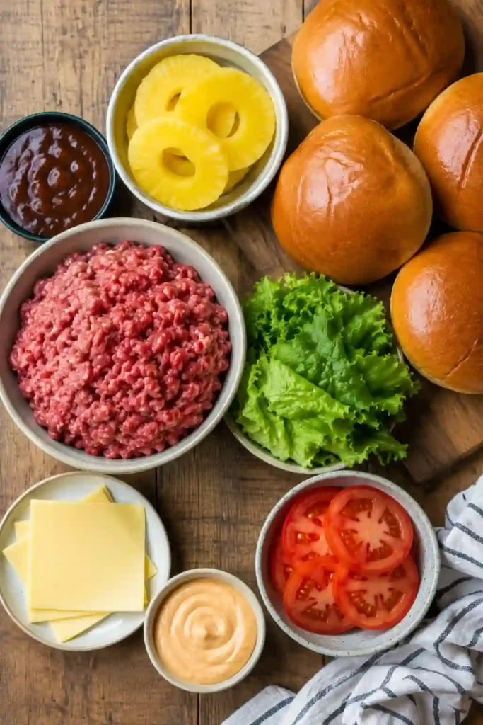 Hawaiian burgers with grilled pineapple, teriyaki-glazed beef patties, lettuce, and sliced tomatoes. The colorful burgers are served on golden toasted brioche buns.