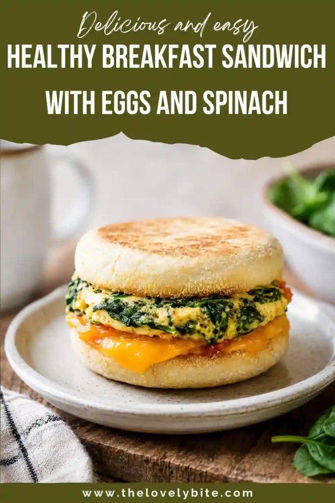 1. Healthy Breakfast Sandwich with baked egg, spinach, tomato, and melted cheddar on a toasted English muffin. The sandwich is filled with colorful vegetables and fluffy eggs.