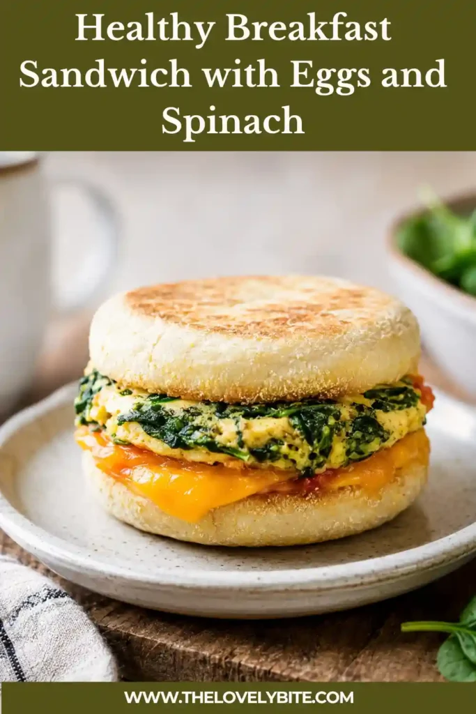 2. Healthy egg sandwich layered with spinach and tomato baked eggs and melted cheddar cheese. A toasted whole wheat English muffin holds the protein-rich breakfast filling.
