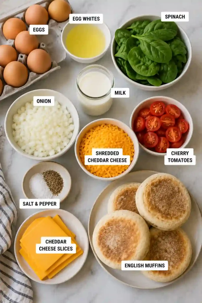 4. Egg and spinach breakfast sandwich with melted cheddar and tomatoes on a toasted English muffin. This make-ahead breakfast sandwich is ideal for busy mornings.