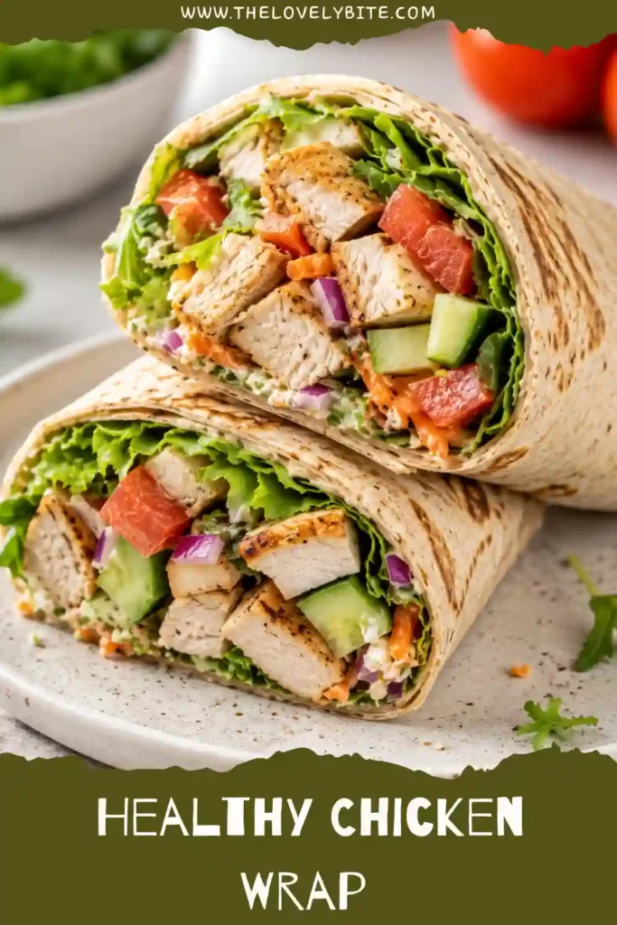 Fresh Healthy Chicken Wrap sliced in half and filled with seasoned chicken, crisp vegetables, and creamy yogurt dressing. A nutritious and easy chicken wrap recipe for busy weekdays.