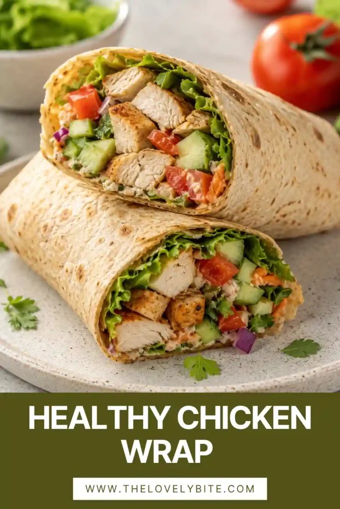Close-up of a healthy lunch wrap made with grilled chicken, shredded carrots, lettuce, avocado, and whole-wheat tortillas. A fresh and protein-rich meal for any time of day.