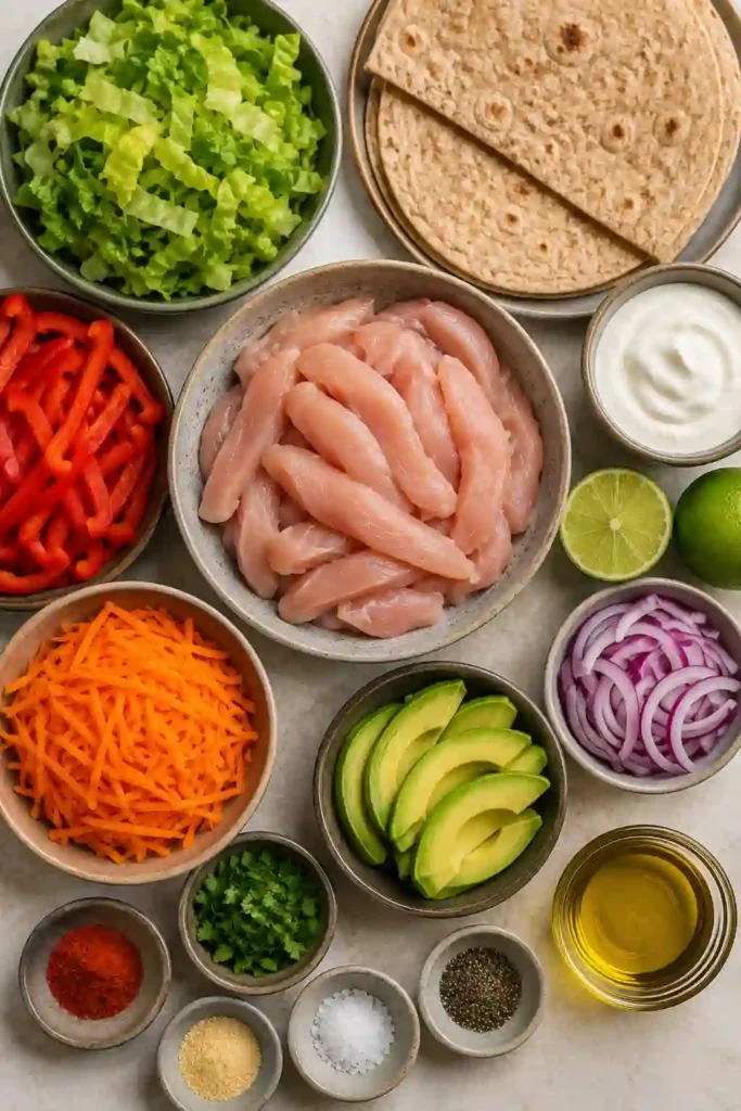 A Healthy Chicken Wrap filled with juicy grilled chicken, shredded lettuce, carrots, avocado, and Greek yogurt sauce wrapped in a whole-wheat tortilla. This colorful high protein wrap is perfect for lunch or meal prep.