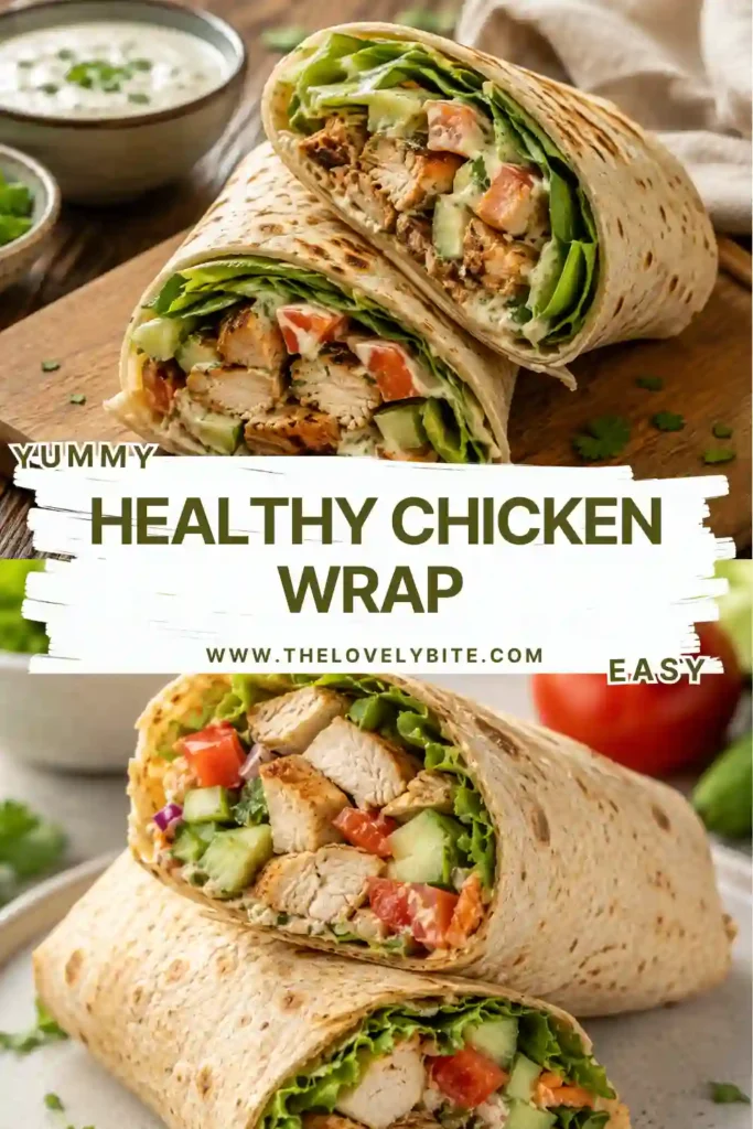 Whole-wheat chicken tortilla wrap packed with lean chicken breast, colorful vegetables, and creamy Greek yogurt sauce. A delicious high protein wrap that's simple to prepare.