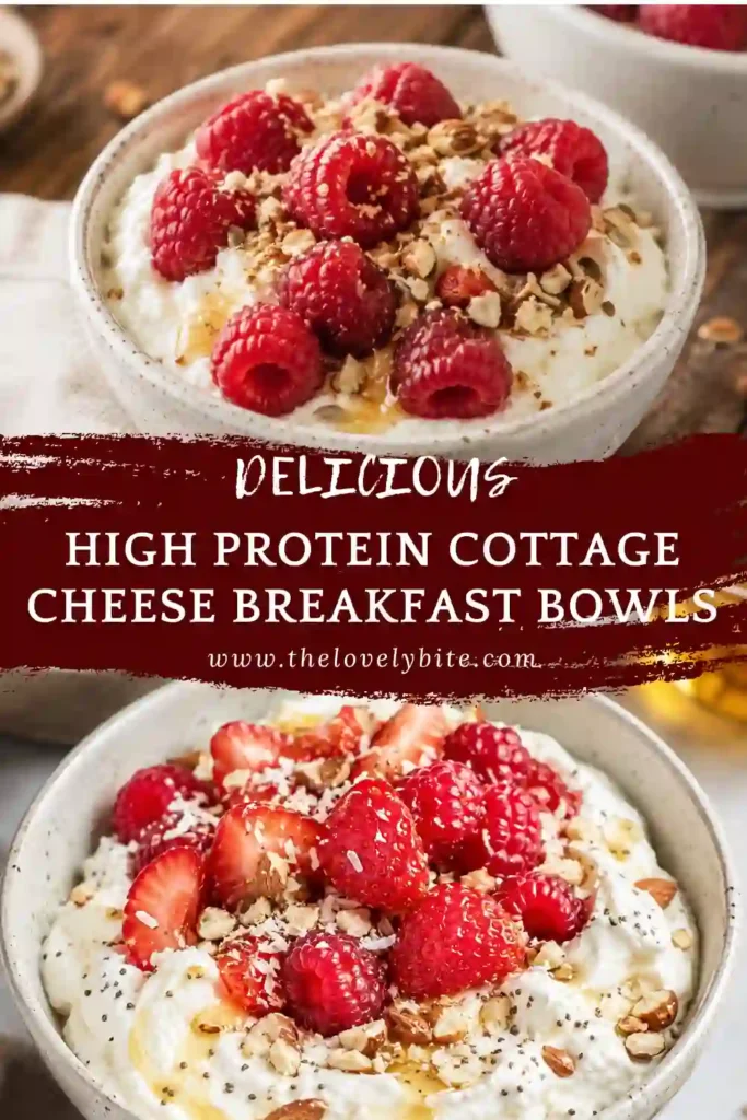 A bowl of High Protein Cottage Cheese Breakfast Bowls topped with fresh raspberries, slivered almonds, and hemp seeds. This creamy high protein breakfast is perfect for healthy meal prep.