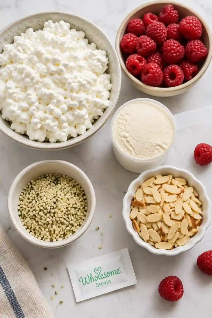 Close-up of a creamy cottage cheese breakfast bowl loaded with berries, almonds, and hemp seeds. A wholesome and satisfying high protein breakfast.