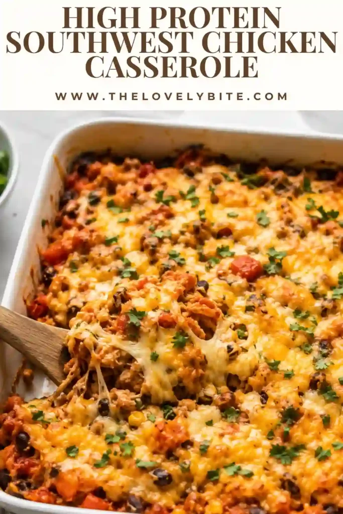 A baked Southwest chicken casserole topped with melted cheddar and filled with chicken, black beans, corn, salsa, and rice. This high protein chicken casserole is served warm as a hearty family dinner.