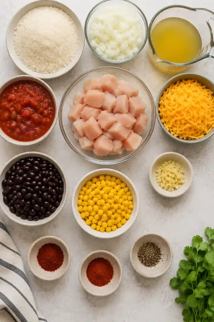 High Protein Southwest Chicken Casserole with tender chicken, black beans, corn, basmati rice, salsa, and melted cheddar cheese. A hearty and colorful chicken and rice casserole baked in a 9×13-inch dish.