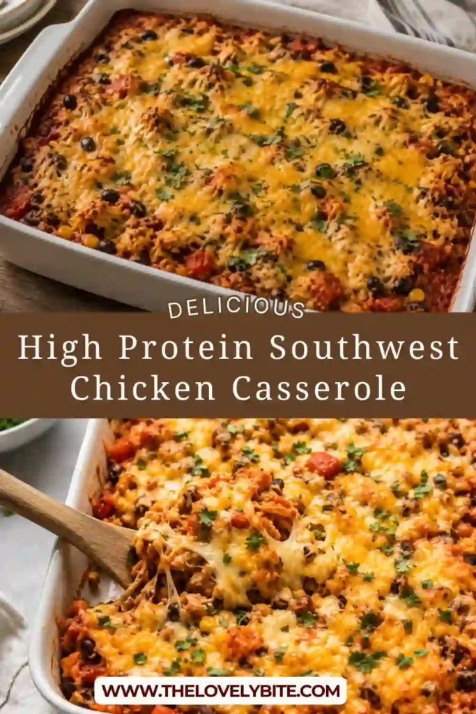 High Protein Southwest Chicken Casserole served from a baking dish with golden melted cheese on top. The chicken and rice casserole features black beans, corn, salsa, and Southwest seasonings.