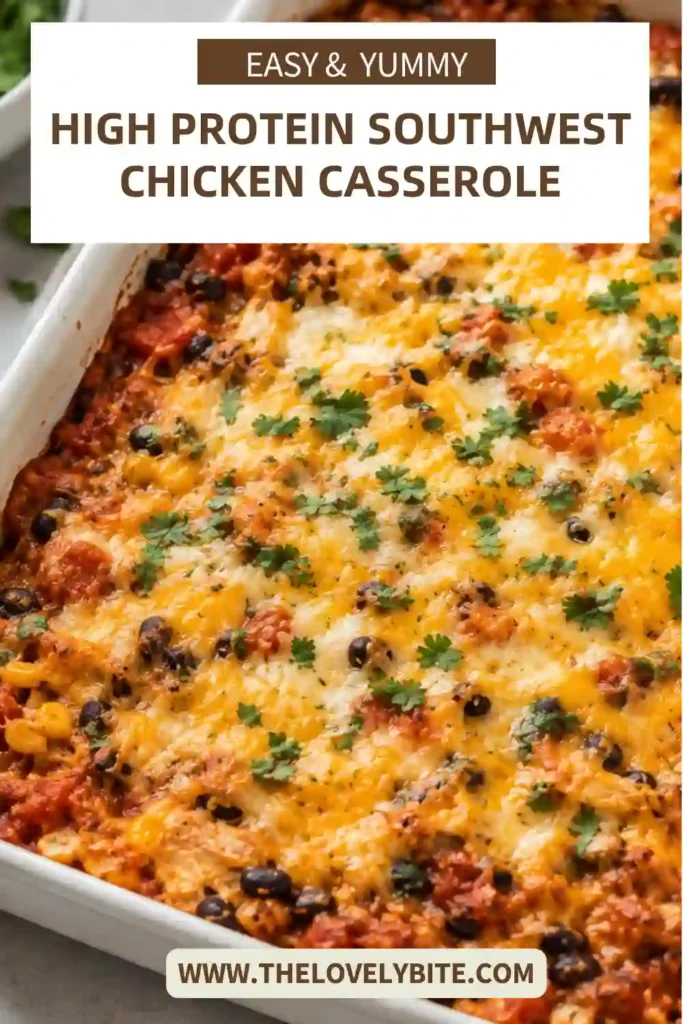 Cheesy High Protein Southwest Chicken Casserole made with chicken breast, basmati rice, black beans, corn, salsa, and cheddar cheese. An easy one-dish chicken dinner with bold Southwest-inspired flavors.