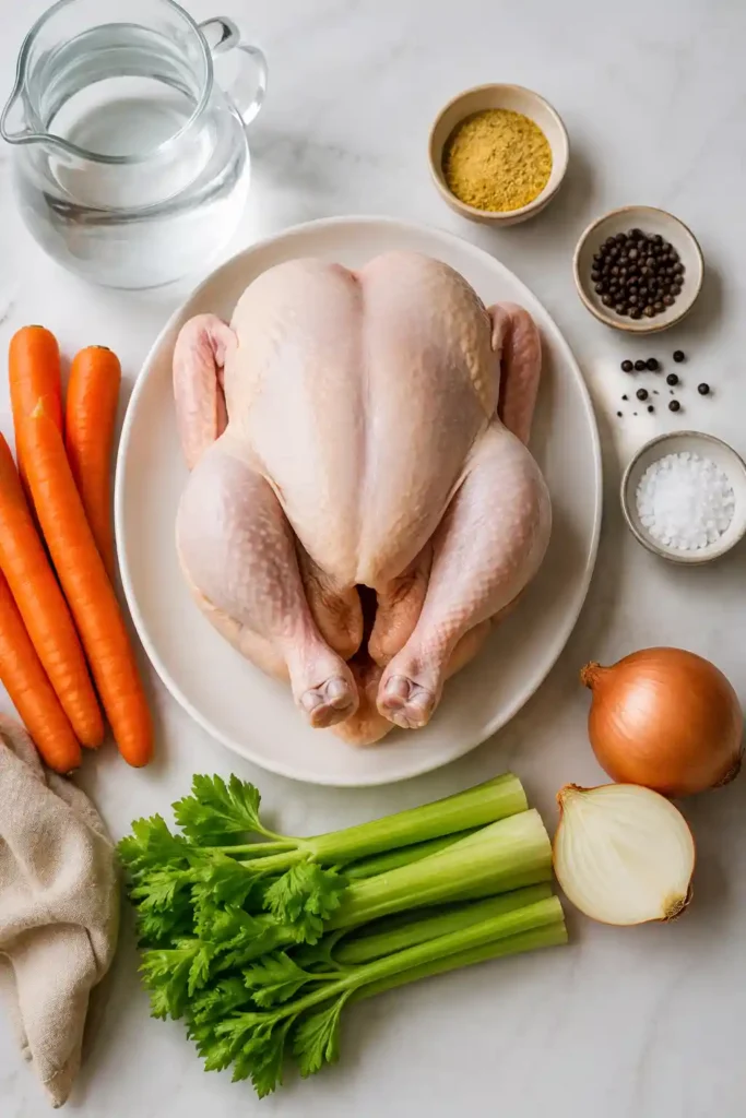 A warm bowl of homemade chicken soup filled with tender chicken, carrots, celery, and onion in a clear golden broth. The comforting chicken soup is served hot in a simple bowl.