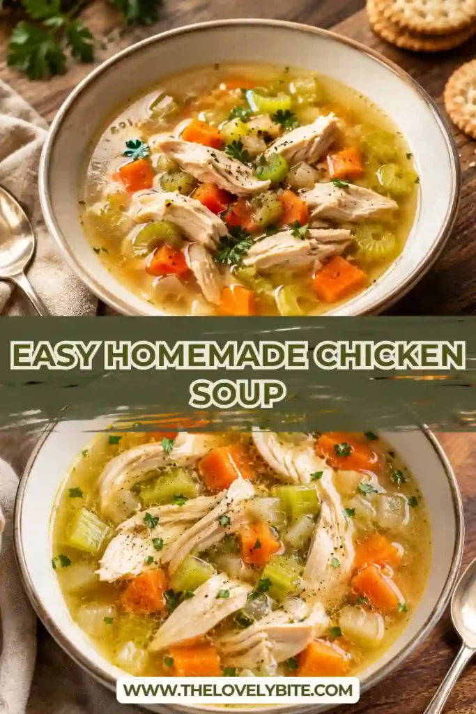Homemade chicken soup served in a bowl with shredded chicken, carrots, celery, and a flavorful broth. The colorful vegetables add warmth and freshness to this easy chicken soup recipe.