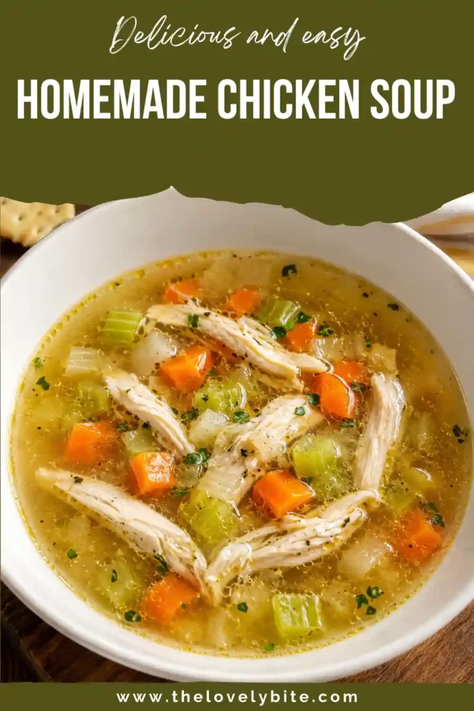 A bowl of homemade chicken soup with tender chicken and chopped carrots, celery, and onion. The hot broth creates a classic comforting presentation for a homemade soup recipe.