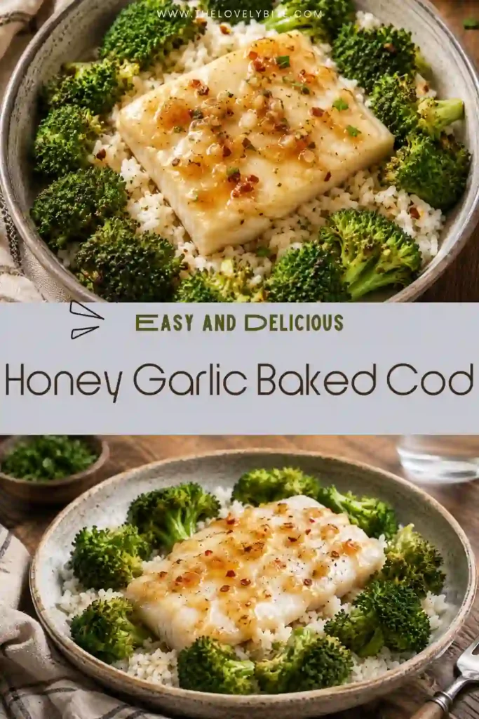 Flaky baked cod topped with a sweet and savory honey garlic sauce and lightly caramelized under the broiler. The golden glazed fish is served as an easy weeknight dinner.