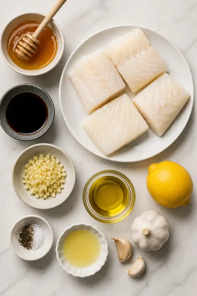Sticky honey garlic cod with tender white fish beneath a glossy caramelized glaze. This quick baked cod dinner is finished under the broiler for golden edges.