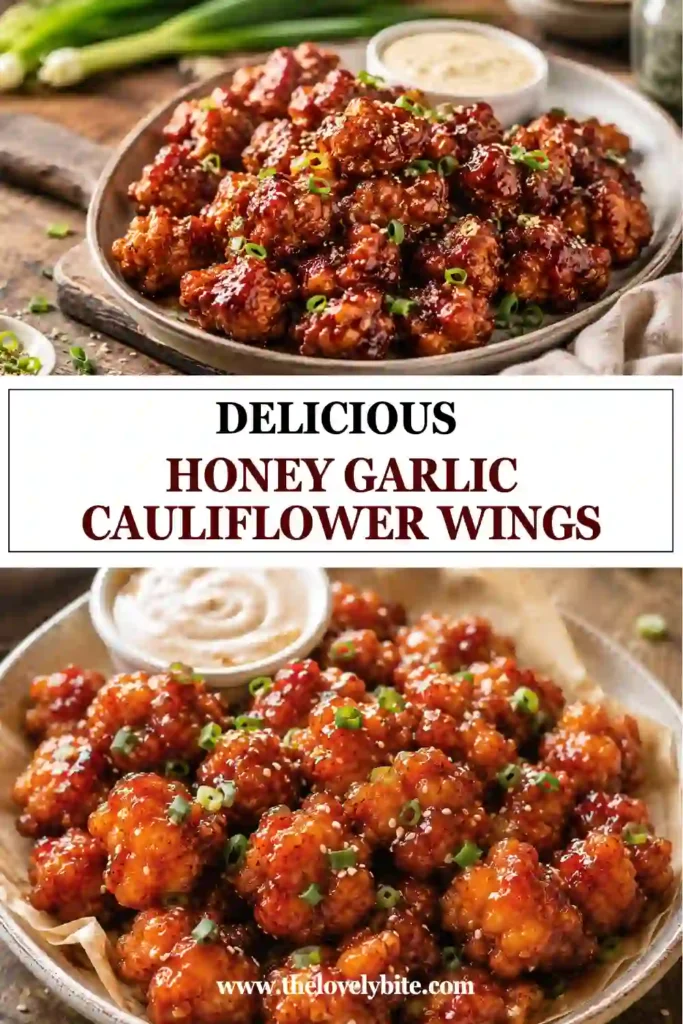 Crispy Honey Garlic Cauliflower Wings coated in a glossy sticky sauce and topped with sesame seeds and green onions. The golden panko coating contrasts beautifully with the tender cauliflower inside.