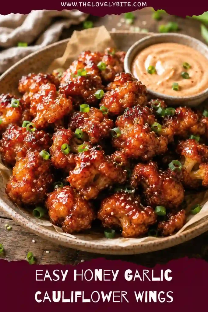 Air fryer Honey Garlic Cauliflower Wings arranged with crispy golden breading and a sweet savory glaze. A bowl of creamy spicy ranch dipping sauce sits alongside the cauliflower.