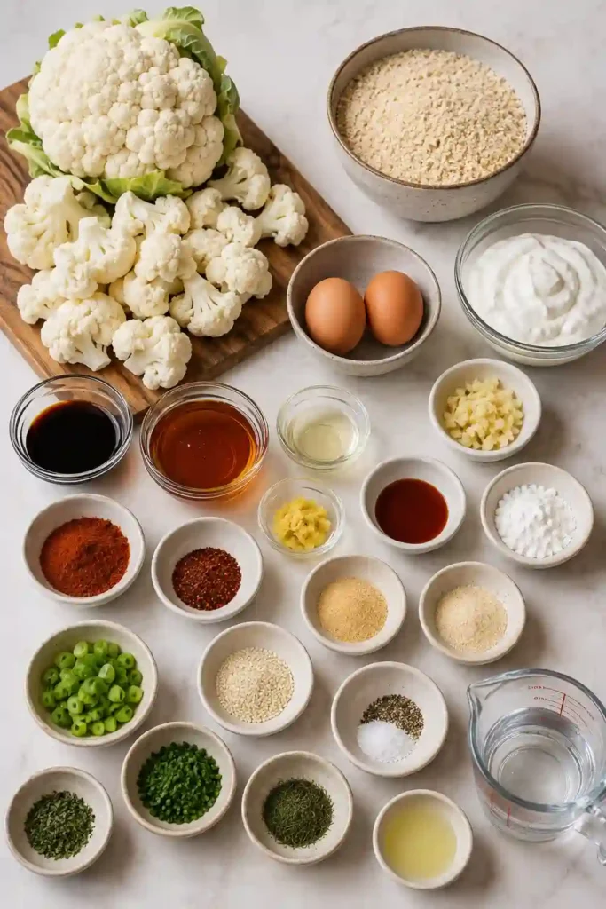 Honey Garlic Cauliflower Wings served as a vegetarian appetizer with creamy spicy ranch dressing. Crispy golden cauliflower florets are finished with sesame seeds and fresh green onions.