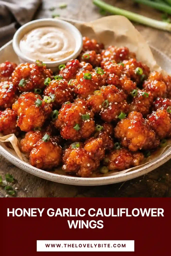 A close-up of sticky honey garlic cauliflower wings garnished with sesame seeds and sliced green onions. The crispy cauliflower is coated evenly in a glossy golden-brown sauce.