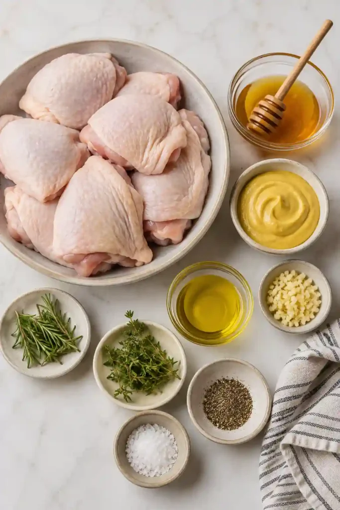 Honey Mustard Chicken thighs baked with a golden honey Dijon glaze, fresh rosemary, and thyme. The chicken has crisp caramelized skin and a juicy, tender interior.