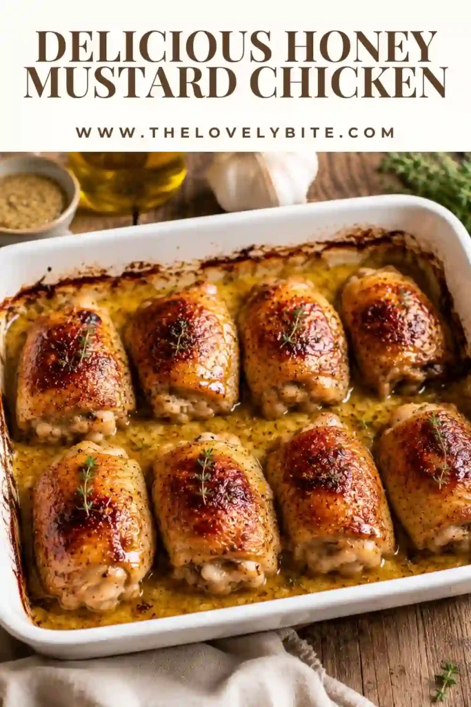 Baked Honey Mustard Chicken served with richly caramelized chicken skin and a glossy honey Dijon sauce. Fresh herbs are visible over the golden chicken thighs.