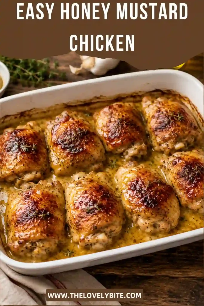 Easy Honey Mustard Chicken made with oven-baked bone-in chicken thighs, honey, Dijon mustard, garlic, and fresh herbs. The chicken is golden and crisp around the edges.