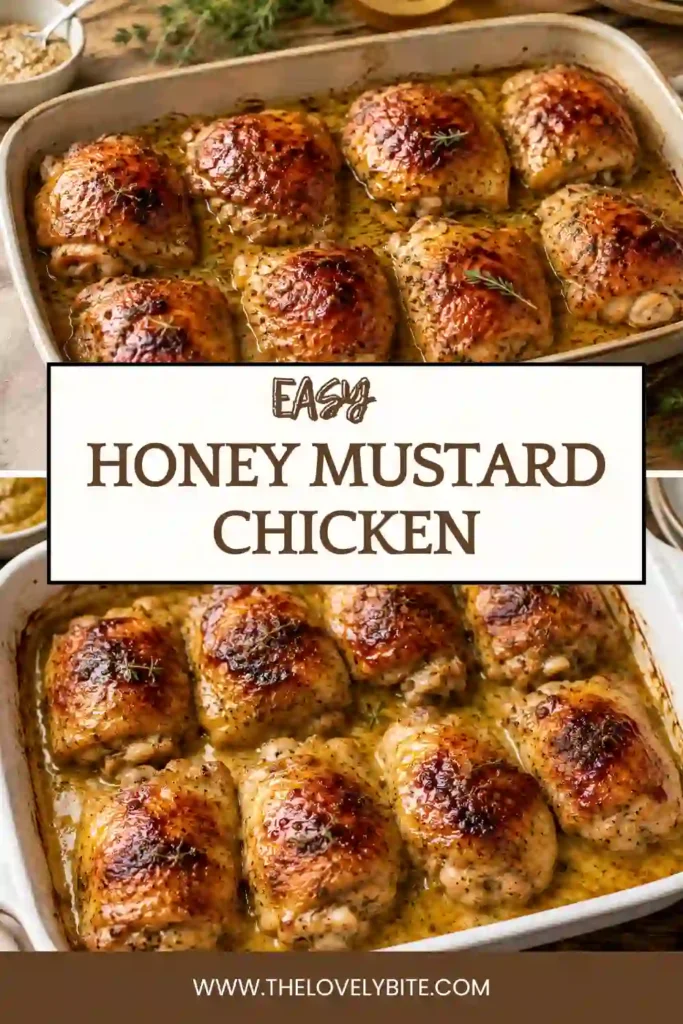 Honey Dijon chicken thighs baked until golden and caramelized with garlic, rosemary, and thyme. The flavorful chicken is served straight from the oven.
