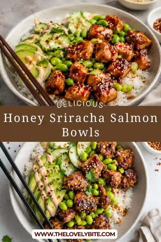 A bowl of honey sriracha salmon served over white rice with sliced avocado, cucumber, and edamame. The salmon has crisp edges and a shiny, spicy-sweet glaze.