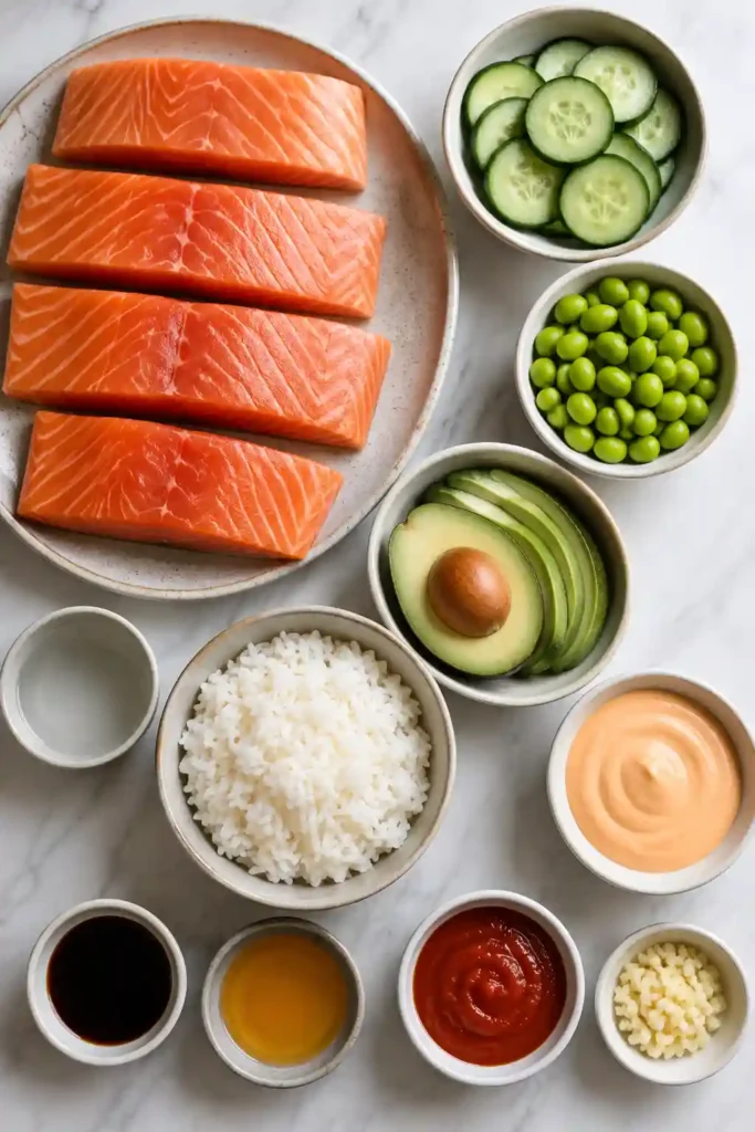 Honey Sriracha Salmon Bowls served with fluffy white rice, avocado, cucumber, edamame, and sriracha mayo. The salmon is coated in a glossy sweet and spicy honey sriracha glaze.