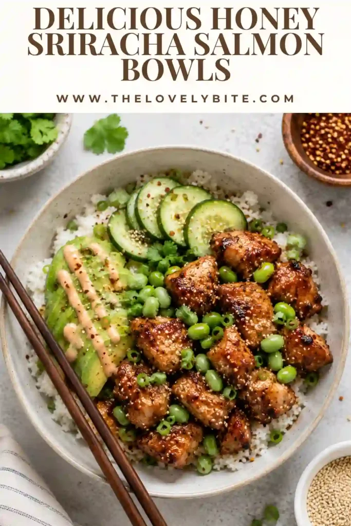 Honey Sriracha Salmon Bowls with caramelized salmon, white rice, fresh cucumber, avocado, edamame, and spicy mayo. The bowl highlights the contrast between the warm glazed salmon and fresh toppings.