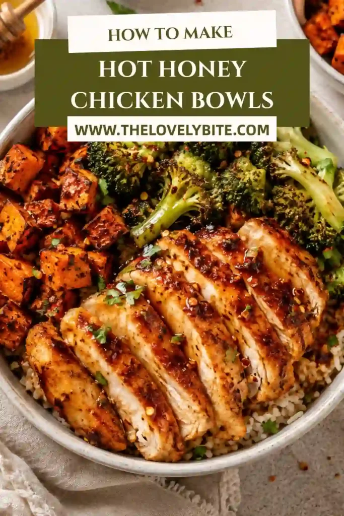 Sheet pan Hot Honey Chicken Bowls featuring smoky seasoned chicken, roasted broccoli, sweet potatoes, and crispy turkey bacon. The colorful ingredients are finished with spicy honey.