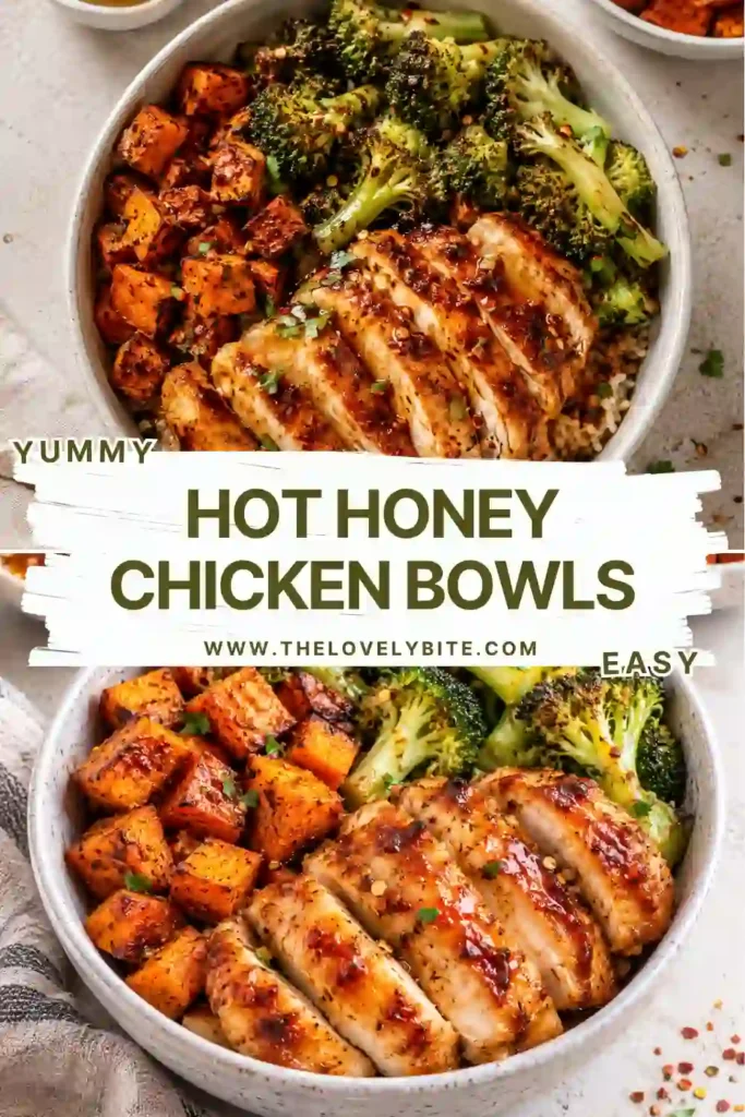 Chicken and sweet potato bowls filled with juicy roasted chicken, golden sweet potatoes, broccoli, and turkey bacon. Hot honey is drizzled over the bowl for sticky sweet heat.