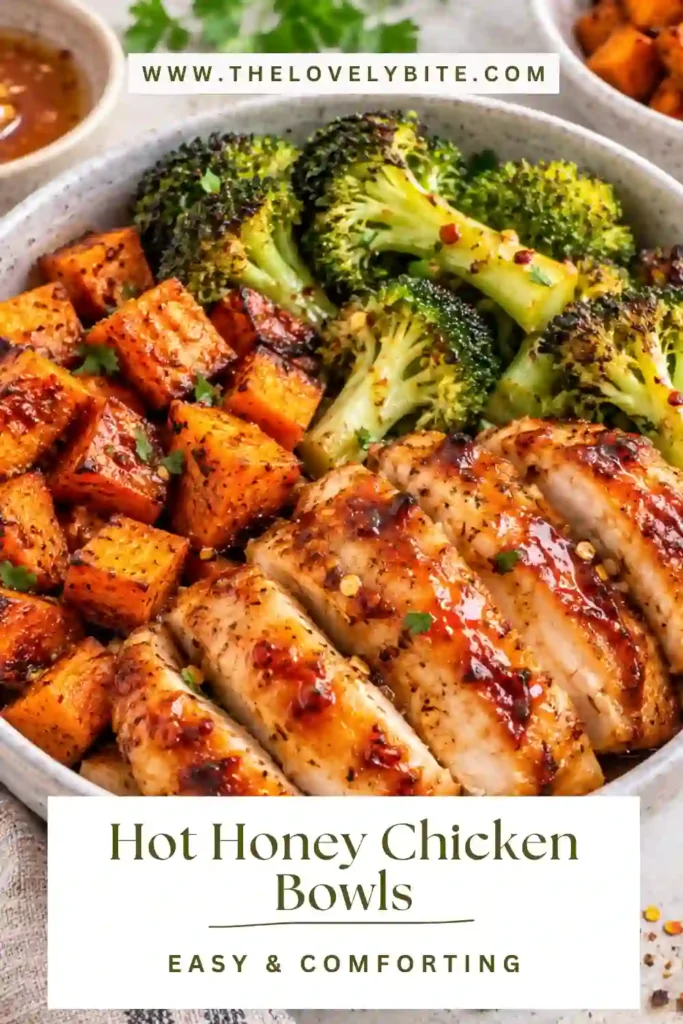Hot Honey Chicken Bowls with seasoned roasted chicken thighs, caramelized sweet potatoes, broccoli, and crispy turkey bacon. A glossy hot honey drizzle adds a sweet and spicy finish.