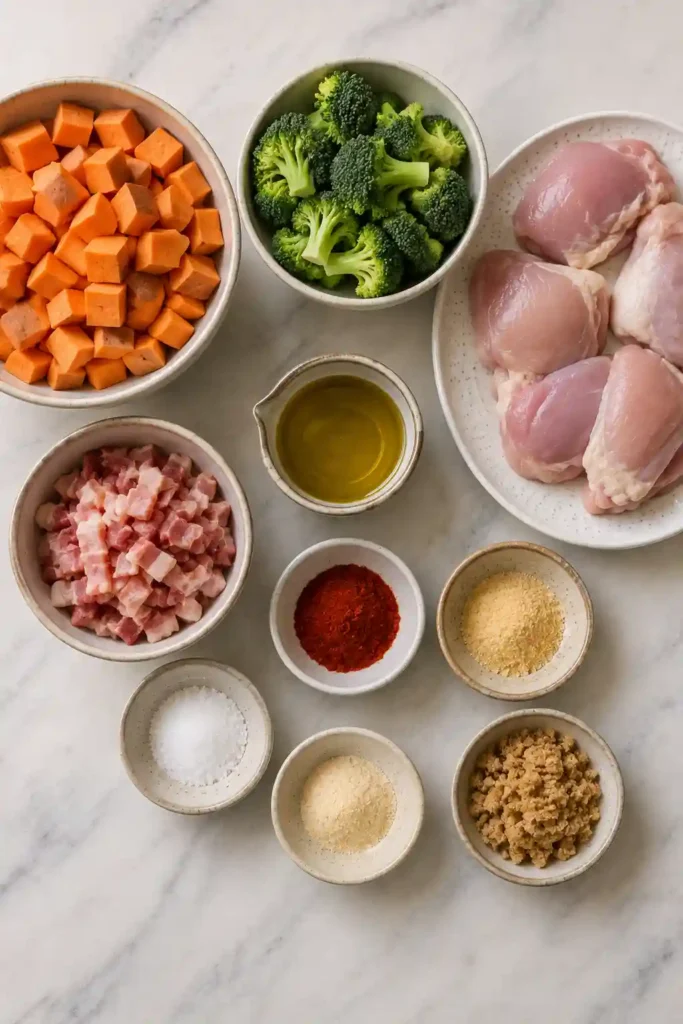Meal prep chicken bowls with roasted chicken thighs, sweet potato cubes, broccoli florets, and turkey bacon. A golden hot honey drizzle gives the chicken a glossy, spicy-sweet coating.