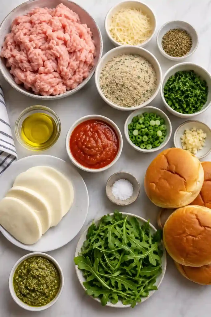 Italian Chicken Burgers arranged on buns with mozzarella cheese, marinara, pesto, and fresh arugula. The browned chicken patties have a tender texture and rich Italian-inspired seasoning.