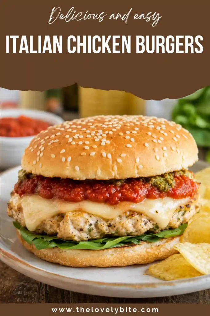 Close-up of Italian Chicken Burgers topped with melted mozzarella and marinara sauce on toasted buns. Fresh spinach or arugula and pesto complete these flavorful homemade chicken burgers.