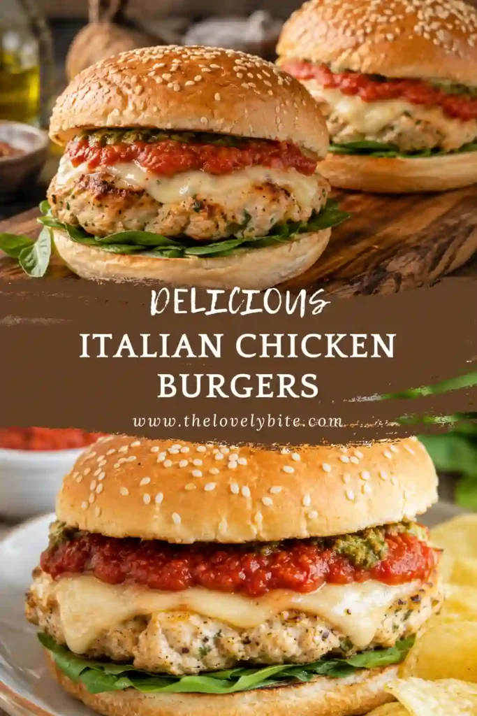 Homemade Italian Chicken Burgers with Parmesan-seasoned chicken patties, marinara sauce, melted mozzarella, pesto, and greens. The burgers are assembled on soft toasted buns for a hearty dinner.