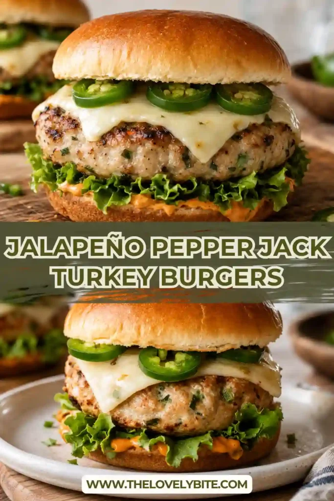 Spicy turkey burger topped with melted pepper jack cheese, sliced jalapeños, guacamole, tomato, and lettuce. The grilled turkey patty is juicy and golden with a toasted burger bun.