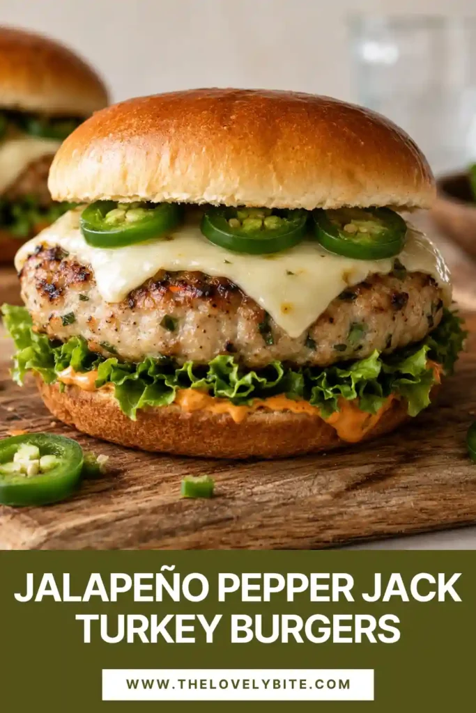 Jalapeño Pepper Jack Turkey Burgers topped with melted pepper jack cheese, fresh jalapeño slices, lettuce, and tomato on toasted buns. These juicy grilled turkey burgers are packed with spicy, smoky flavor.