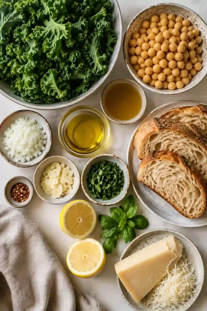 Fresh Kale and Chickpea Toasts served on crispy sourdough bread with grated Parmesan and fresh basil. This healthy toast recipe makes a colorful vegetarian lunch packed with Mediterranean flavors.