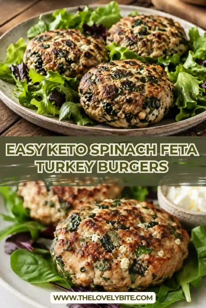Keto Spinach Feta Turkey Burgers served over a fresh green salad with Green Goddess dressing. The golden-brown turkey patties are filled with spinach, feta, parsley, and dill.