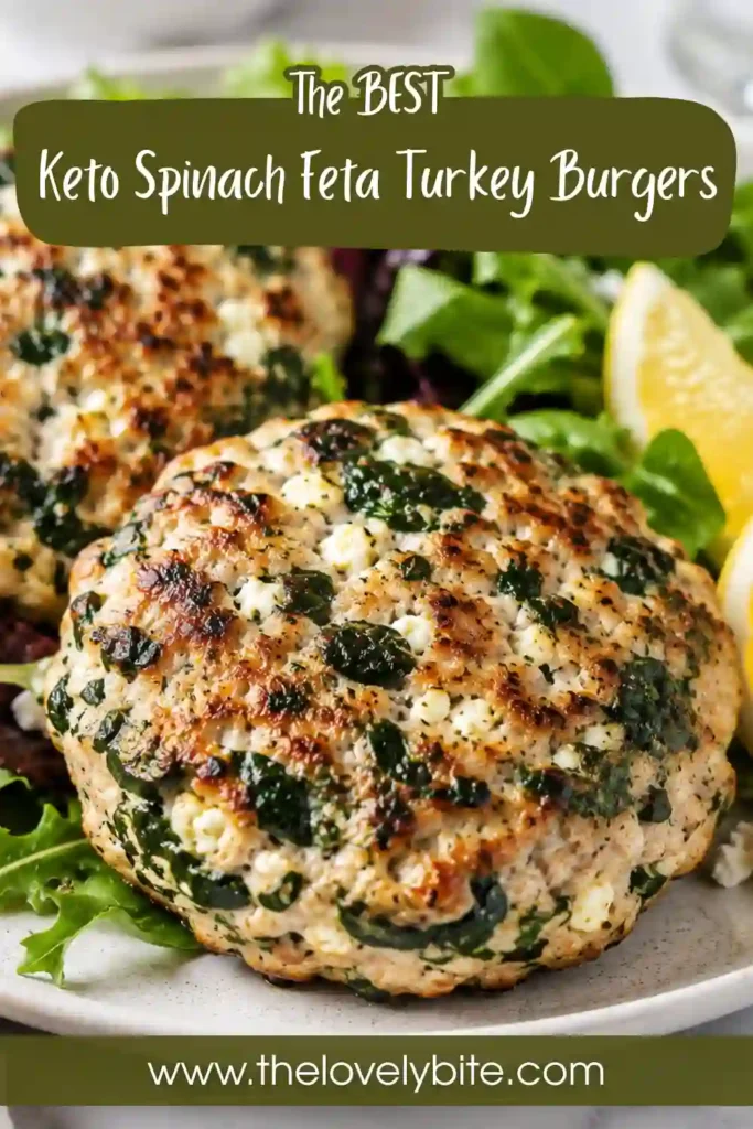 A plate of Keto Spinach Feta Turkey Burgers with fresh spinach, crumbled feta, and herbs served alongside a green salad. The burgers have lightly browned edges and a tender center.