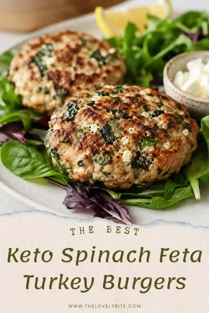 Homemade Keto Spinach Feta Turkey Burgers served with leafy greens and creamy Green Goddess dressing. The low-carb turkey patties are golden brown and packed with Mediterranean-inspired ingredients.