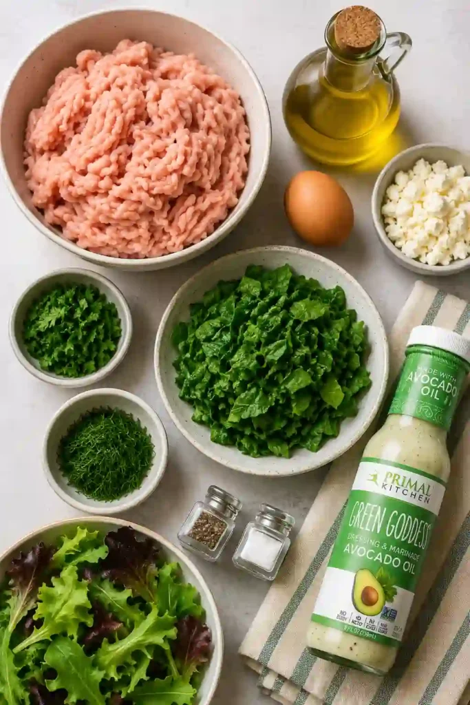 Spinach feta turkey burgers served as an easy keto dinner with a crisp green salad. The juicy ground turkey patties are seasoned with fresh dill, parsley, feta, salt, and pepper.