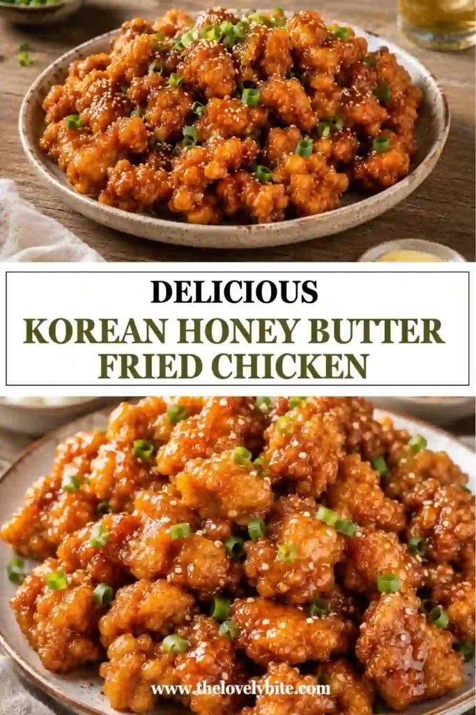 A plate of crispy Korean Honey Butter Fried Chicken covered in sweet and savory honey butter sauce. Toasted sesame seeds and chopped green onions finish the dish.